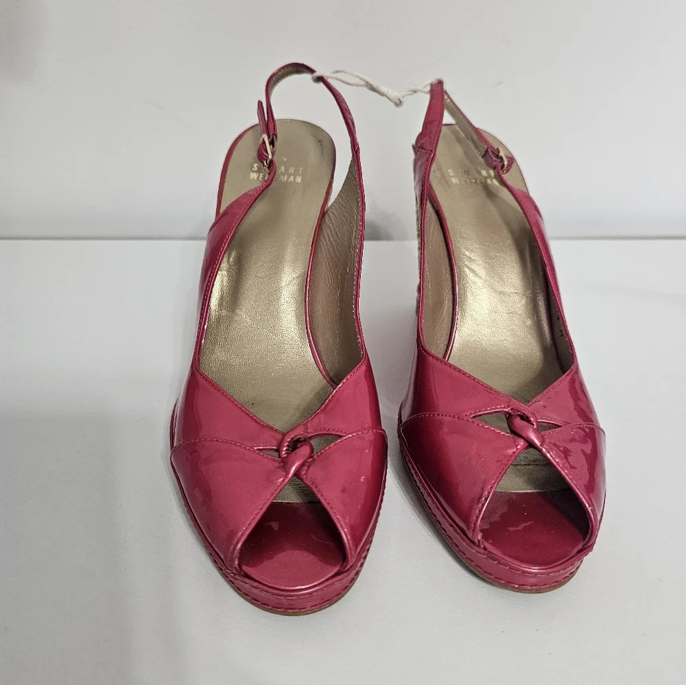 sz 9.5 M Stuart Weitzman Pink Tan Espadrille Wedge Sandals Slingback Patent - Picture 8 of 8